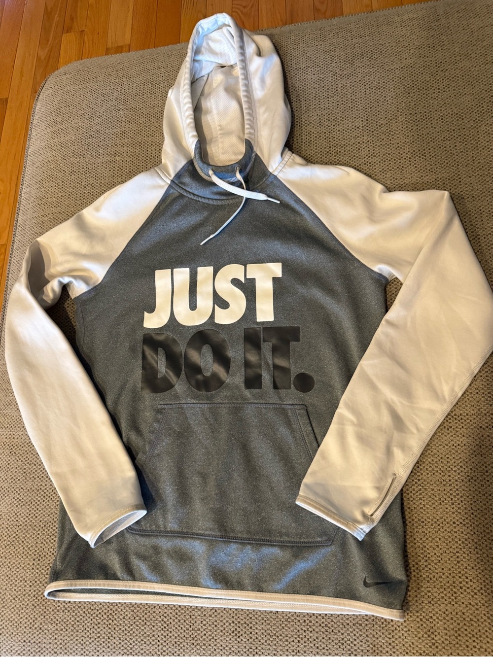 Nike Men’s Gray and White Zip-Up Hoodie with 'JUST DO IT.' Graphic